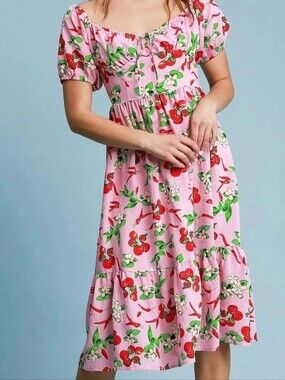 Umgee Retro Pink Cherry Print Midi Dress | Size Medium - NWT